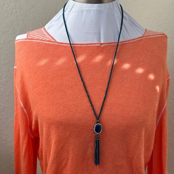 Teal Beaded Pendant Tassel Necklace - Women Jewelry - Picture 2 of 5